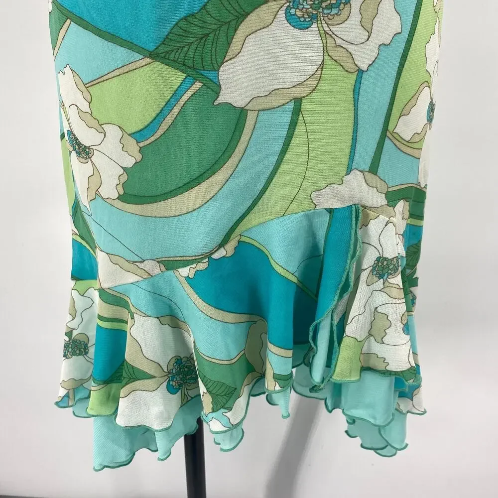 Vintage Y2k City Triangles Retro Floral Mini Dress Ruffled Hem Stretchy Mesh XS - Picture 2 of 8